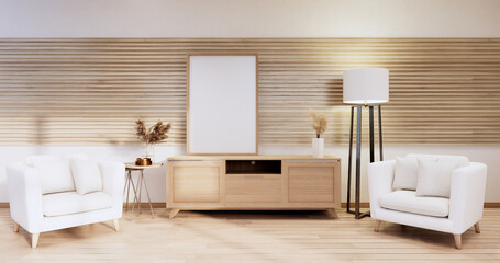 Minimalist - Modern room interior with Cabinet TV and armchair, plants,lamp, decorations.3D rendering