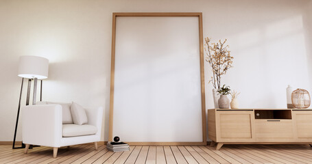 Fototapeta premium Minimalist - Modern room interior with Cabinet TV and armchair, plants,lamp, decorations.3D rendering