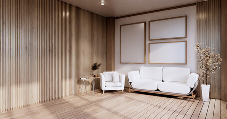 Minimalist interior , Sofa furniture and plants, modern room design.3D rendering