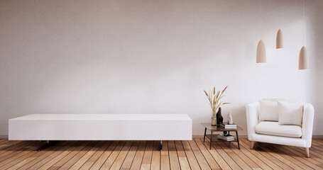 Minimalist - Modern room interior with Cabinet TV and armchair, plants,lamp, decorations.3D rendering