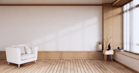 Fototapeta na wymiar Empty room - white wall on wood floor interior and decorations plants. 3D rendering