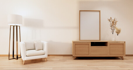 Minimalist - Modern room interior with Cabinet TV and armchair, plants,lamp, decorations.3D rendering