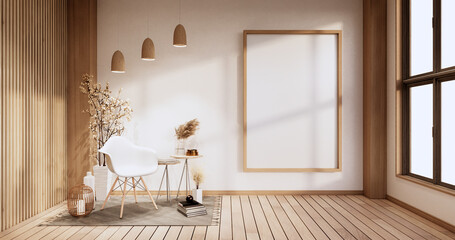 Empty room - white wall on wood floor interior and decorations plants. 3D rendering