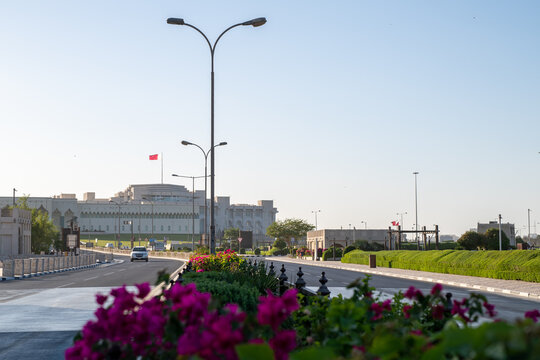 The road to the Emiri Diwan Palace in the center of Doha, Qatar