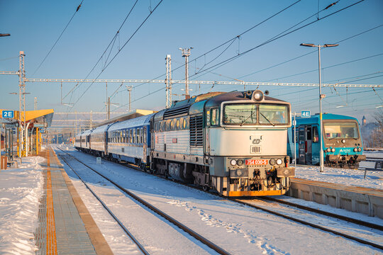 Fast train of Ceske Drahy company from Trutnov to Praha in reconstructed railway station Jaromer of "Sprava Zeleznic". Diesel locomotive "Brejlovec".