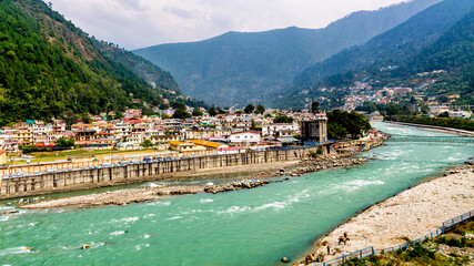 An aerial view of Uttarkashi town along the Bhagirathi river (Ganga river)