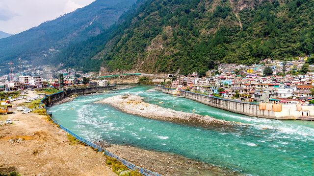An aerial view of Uttarkashi town along the Bhagirathi river (Ganga river)