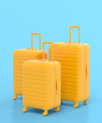 Colorful suitcase on monochrome blue background. 3D render of summer concept