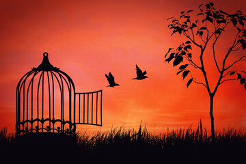 Conceptual scene with birds couple break free from a cage. Freedom and togetherness concept. Birdie...