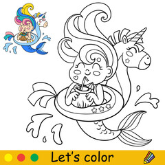 Vector kawaii mermaid in inflatable circle unicorn coloring
