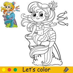Cartoon cute mermaid feeds fishes coloring vector