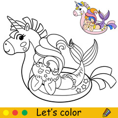 Vector kawaii laughing mermaid in inflatable circle coloring
