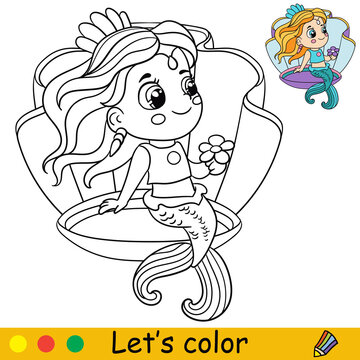 Cartoon princess mermaid sitting in the seashell coloring