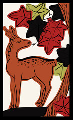 花札のイラスト　バラ単枚｜10月紅葉に鹿｜日本のカードゲーム｜ベクターデータ