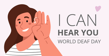 World deaf day,woman hold hand near her ear with hearing aid.Vector illustration