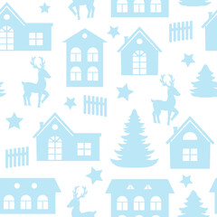 Obraz na płótnie Canvas Vector seamless pattern winter landscape with deer and houses. Paper cut design