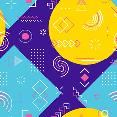 Memphis seamless pattern. Abstract neon geometric shape. Repeated bright graphic element. Scattered geometry background. Repeating funky patern. Modern graphic design for prints. Fashion style. Vector