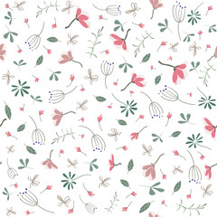 Seamless beautiful floral pattern on white background. Small twigs, pale pink flowers, green leaves, inflorescences, blades of grass. Square vector illustration. Used for fabric, print. Eps 10
