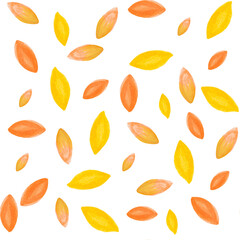 Seamless pattern with hand-drawn watercolor orange and yellow leaves on white. Abstract background. Organic, natural, freshness concept for textile, print, etc.