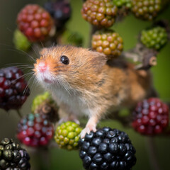 Harvest mouse in berry bush