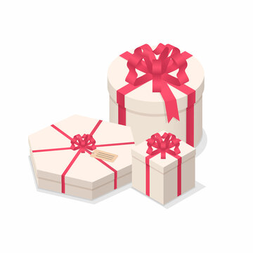Group of festive holiday 3d isometric gift boxes. Bright greeting present boxes with red ribbon bows. Stack of isometric surprise boxes. Colorful game style 3d isometric vector design elements.