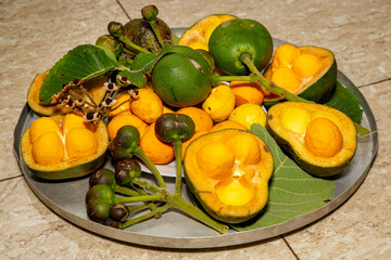 Ripe Pequi fruits close-up (Caryocar brasiliense) at various stages of ripening top view 
