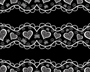 Festive abstract vector seamless background with handwritten ornamental lines, hearts and butterflies