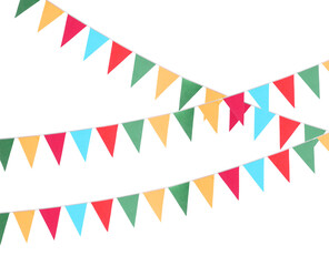 Colorful triangular bunting flags on white background. Festive decor