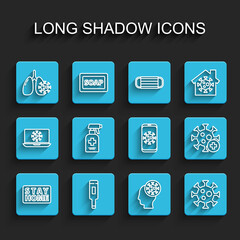 Set line Stay home, Medical thermometer, Virus cells in lung, Human and virus, Liquid antibacterial soap, Positive and statistics on mobile icon. Vector