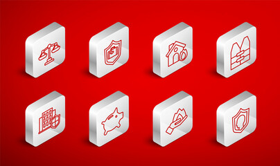 Set line Life insurance with shield, Travel suitcase, Fire burning house, jacket, Hand holding fire, Scales of justice, Piggy bank and House icon. Vector