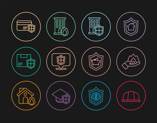 Set line Worker safety helmet, Hand holding fire, House with shield, Location, Delivery security, Credit card, Piggy bank and Fire burning house icon. Vector