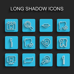 Set line Dental clinic location, Toothpaste, Calendar with tooth, floss, whitening concept, caries and Online dental care icon. Vector