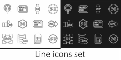Set line 5G network, Smart watch, Antenna, Micro Sim Card and Nano icon. Vector