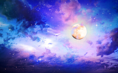 Fototapeta na wymiar Stars and full moon in the night sky.