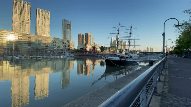 The Argentine Corvette ARA Uruguay, built in England in 1874, Moored at Puerto Madero, Buenos Aires, Argentina.  4K Resolution.