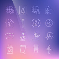 Set line Wind turbine, Lightning bolt, Recycle and leaf, Planet earth recycling, Fluorescent lamp, Eco friendly house, Earth globe and Leaf plant gear machine icon. Vector