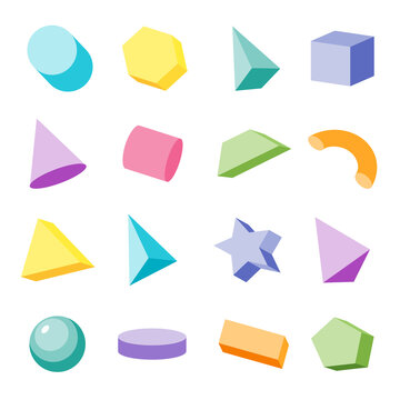 Set of multicolored three-dimensional geometric primitive shapes isolated on white background. Vector stock illustration. 