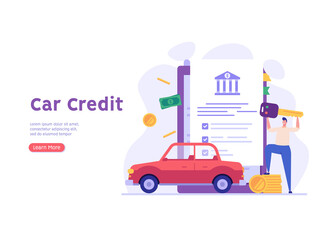 Man purchases car with bank loan. Happy client buying new automobile on motor credit. Concept of auto credit, car loan, auto finance, signing contract. Vector illustration in flat for web banners