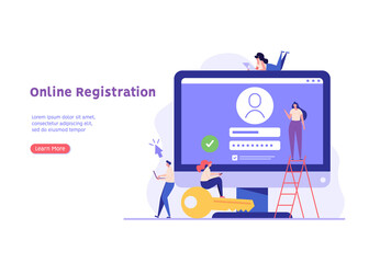 People creating new account with login and secure password. Registration interface. Users register online. Concept of online registration, sign in, sign up. Vector illustration in flat for app, UI