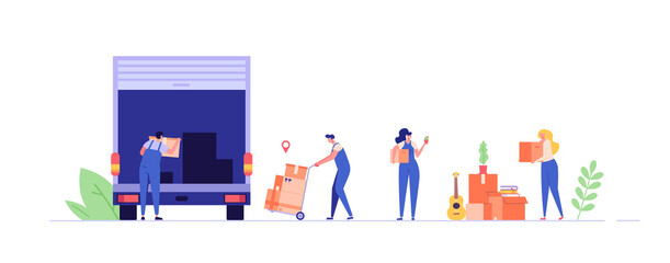 Moving service. People moving in new house or apartment. Delivery truck with cardboard boxes for home stuff. Movers moving in new home. We’re moving concept. Vector illustration