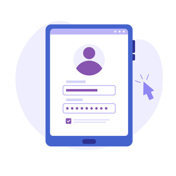 Creating New Account With Login And Secure Password. Registration User Interface. Users Register Online. Concept Of Online Registration, Sign In, Sign Up. Vector Illustration In Flat For App, UI