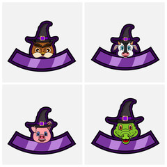 Set Cute Animals Head Character. For Logo, Icon, badge, emblem and label with Witch Hat. Owl, Cow, Pig and Crocodile.