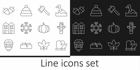 Set line Christmas mitten, Canadian totem pole, Wooden axe, Snowflake, House, Acorn, Pumpkin and Beanie hat icon. Vector