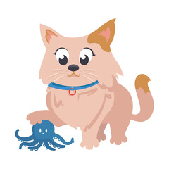 Obraz na płótnie Canvas Domestic cat playing with toy octopus. Pet in cartoon style