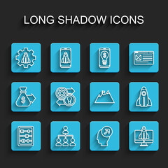 Set line Abacus, Hierarchy organogram chart, Startup project concept, Head hunting, Human resources, and Mountains with flag icon. Vector
