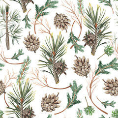 Seamless patterns with the image of spruce branches, and Christmas decor.
Hand-drawn watercolor pictures