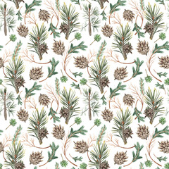 Seamless patterns with the image of spruce branches, and Christmas decor.
Hand-drawn watercolor pictures