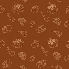 Fototapeta na wymiar Doodles of pumpkins and seeds in the form of a pattern on a brown background