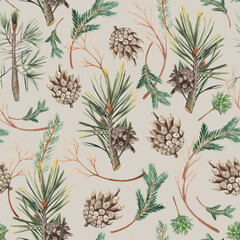 Seamless patterns with the image of spruce branches, and Christmas decor.
Hand-drawn watercolor pictures