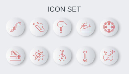 Set line Stationary bicycle, Bicycle parking, helmet, Wrench spanner, pedals, air pump, sprocket crank and Unicycle or one wheel icon. Vector © vector_v